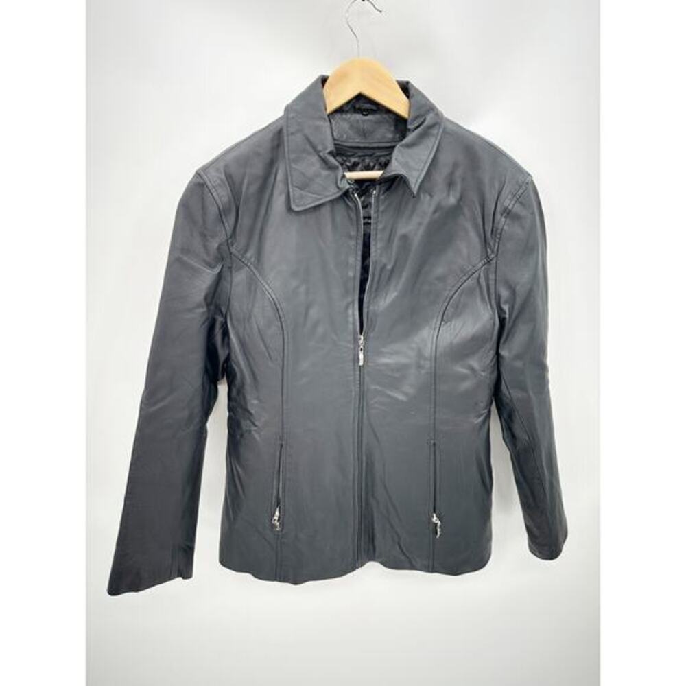 Black Leather Biker Jacket Womens Large Full Zip Quilted Lining Edgy Moto Grunge